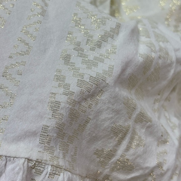 Elan White Gold Metallic Jacquard Tiered Babydoll Boho Mini Dress Size Small - Picture 7 of 14